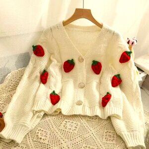 STRAWBERRY APPLIQUE ON KNITTED CROSSHATCH V NECK CARDIGAN LARGE GOLD BUTTONS